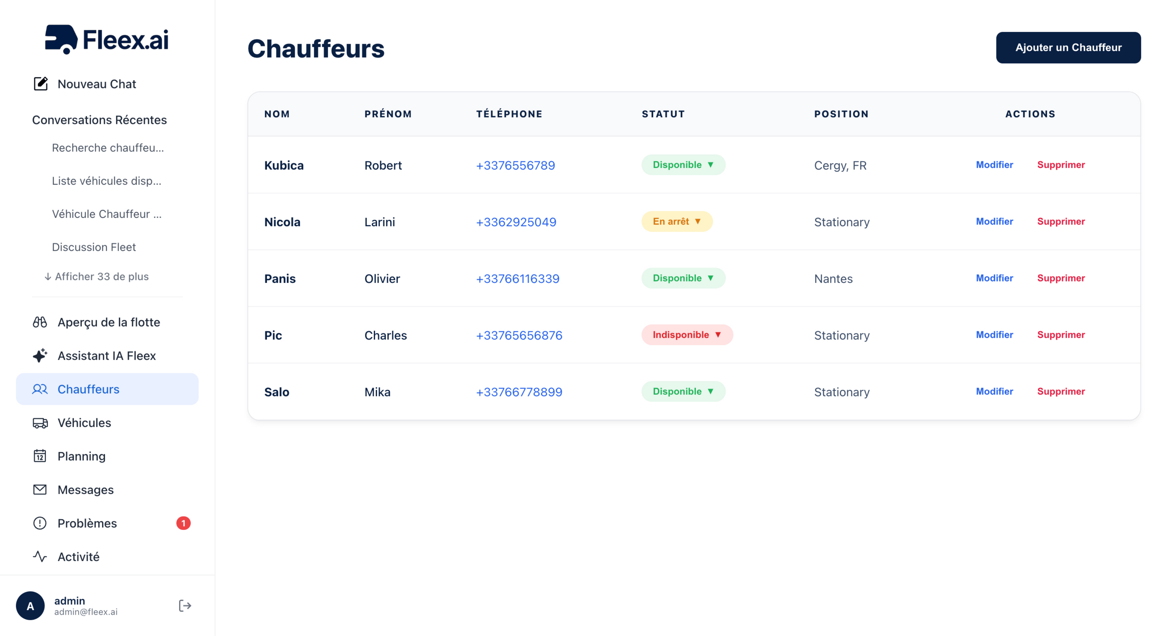 Interface chauffeurs