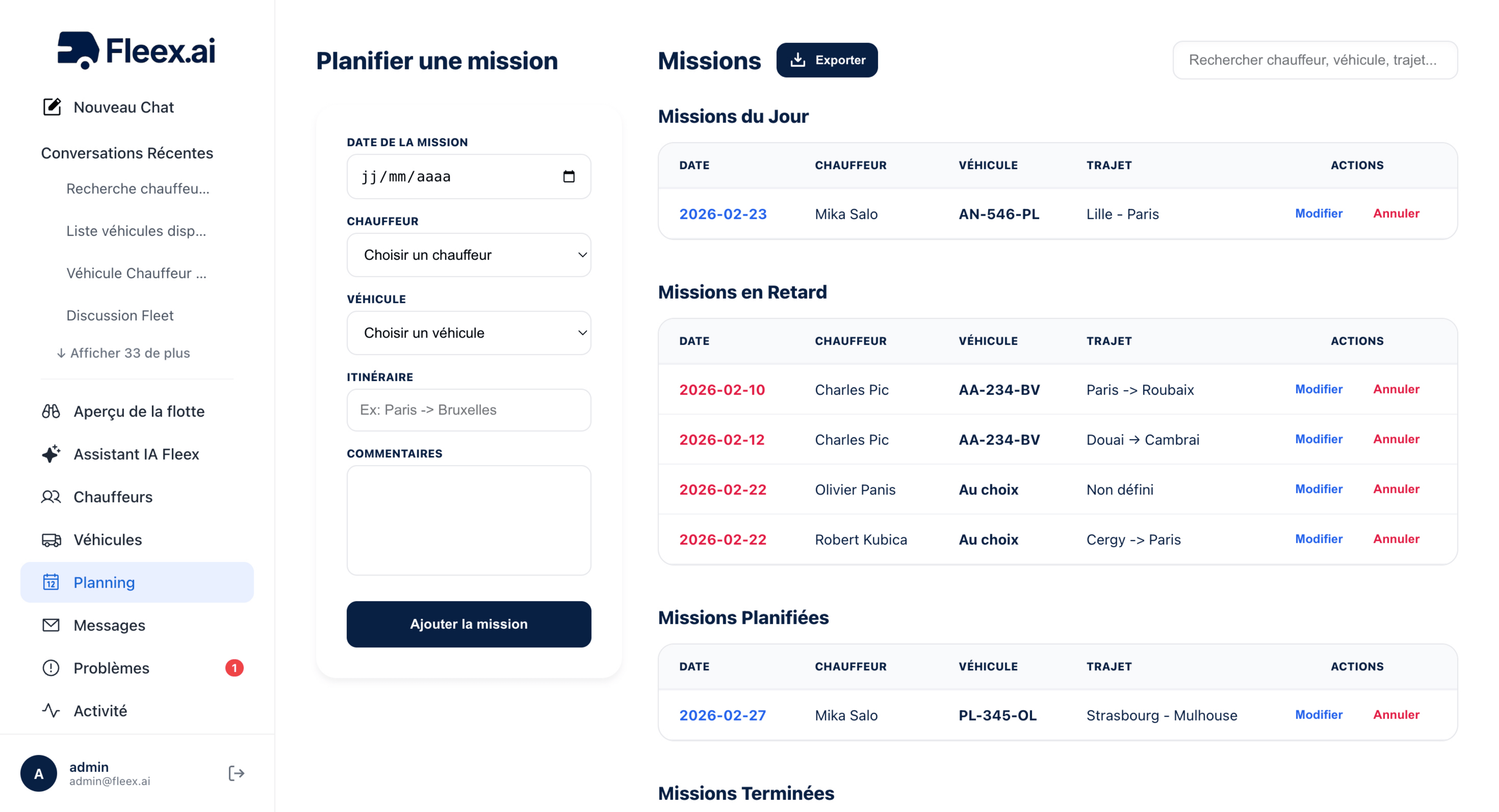 Planning des missions